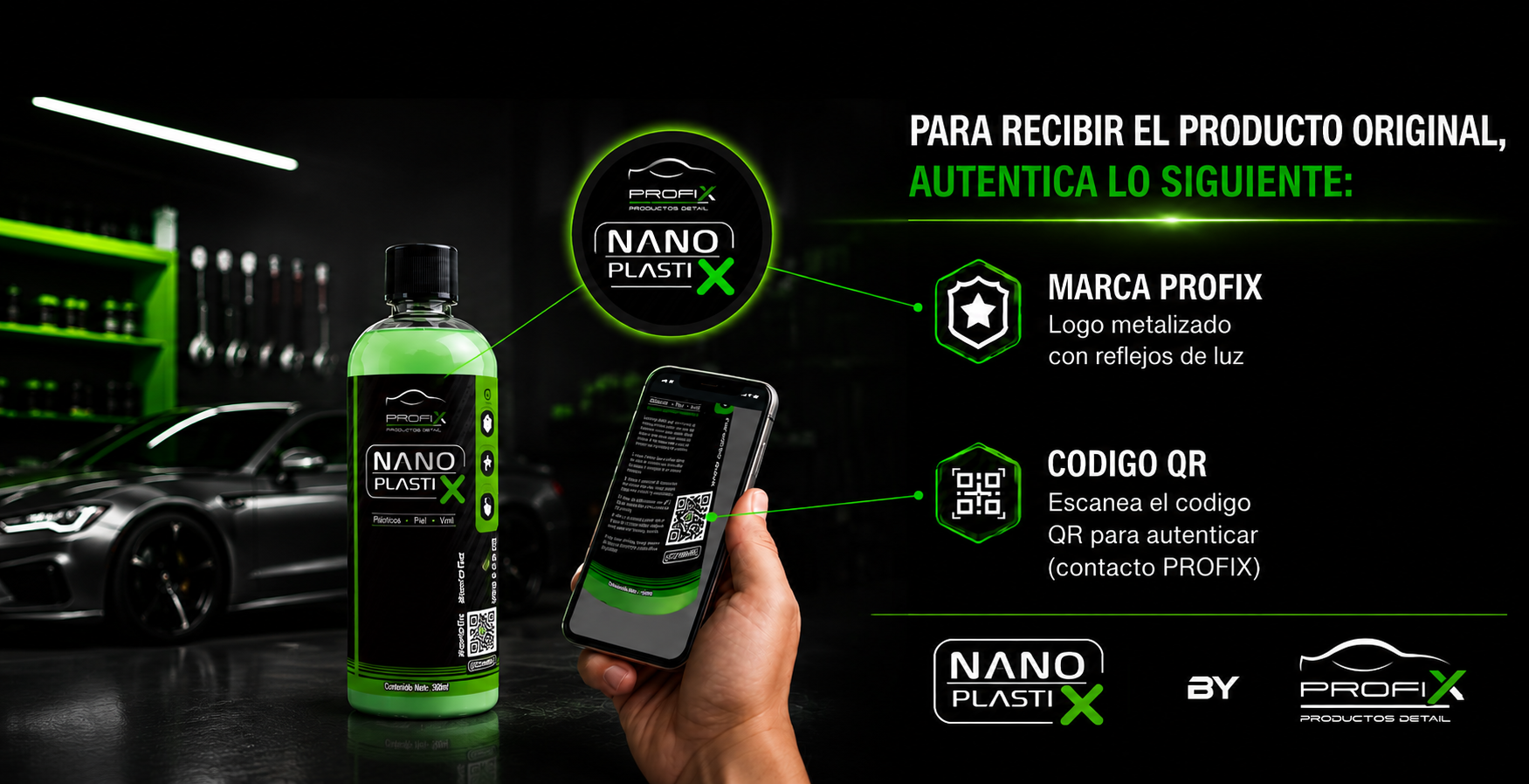 Green Profix Nano PlastiX bottle shown with a smartphone scanning its QR code to authenticate the product.